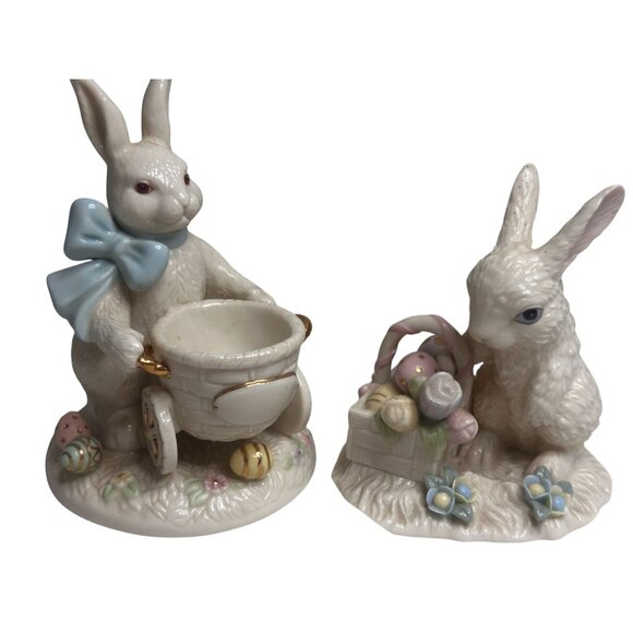 Two 2004 Lenox Fine Ivory Easter Bunny Egg Cup Basket Spring Tulips - Picture 1 of 14